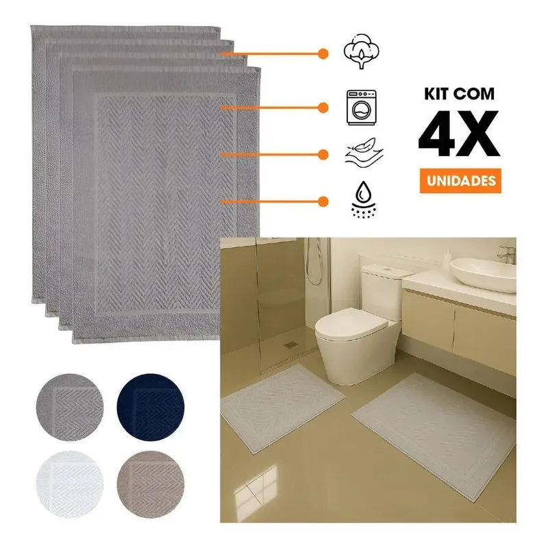 Kit 4 Tapetes Toalha Piso Banheiro Prime 50x70cm 100% Algodão