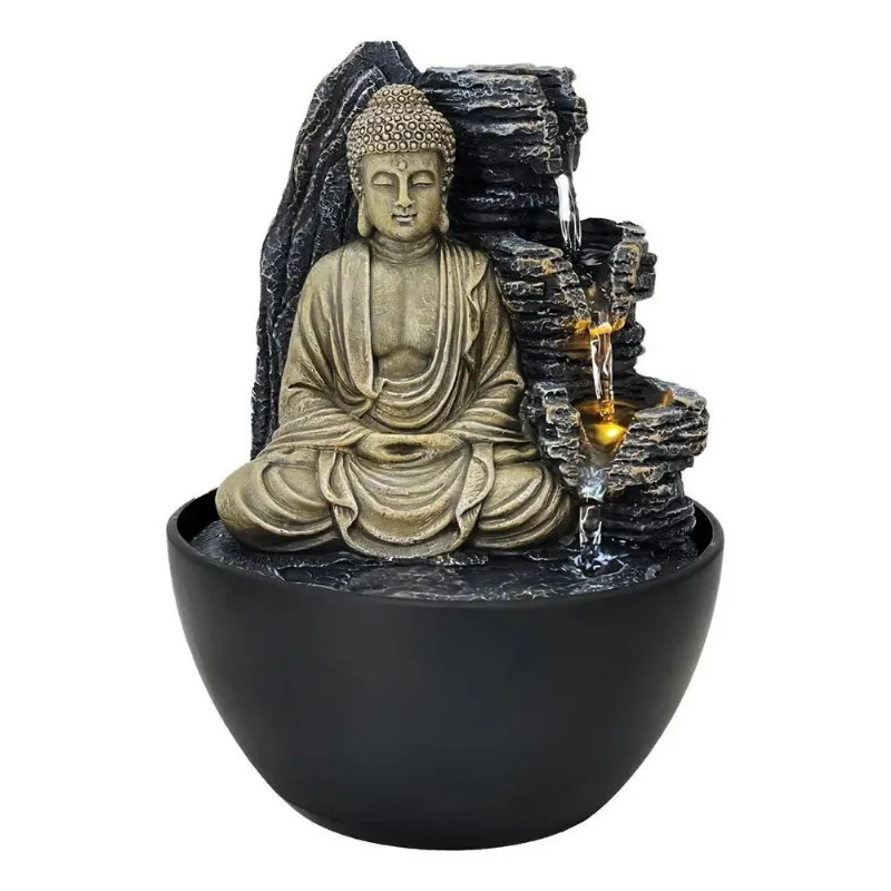 Fonte De Mesa Decorativa Buda Mudra Cósmico Com Led Cor Pret