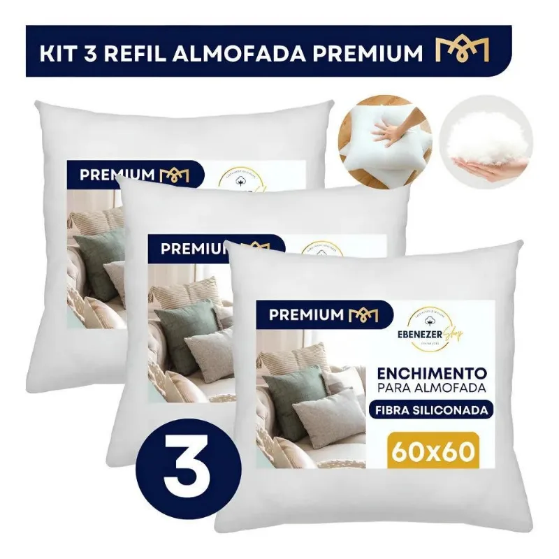 Kit 3 Enchimento Para Almofada 60x60 Refil Silicone Fibra Ma