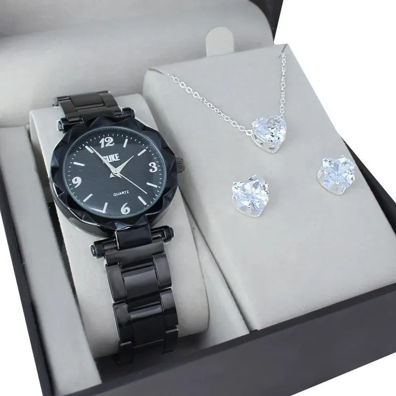 Relógio Feminino + Kit Colar Brincos F Preto / Kit Prata