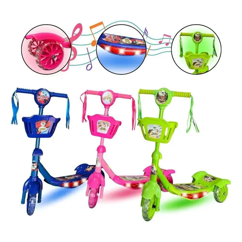 Patinete Infantil 3 Rodas Menino Menina Cestinha Luz E Azul