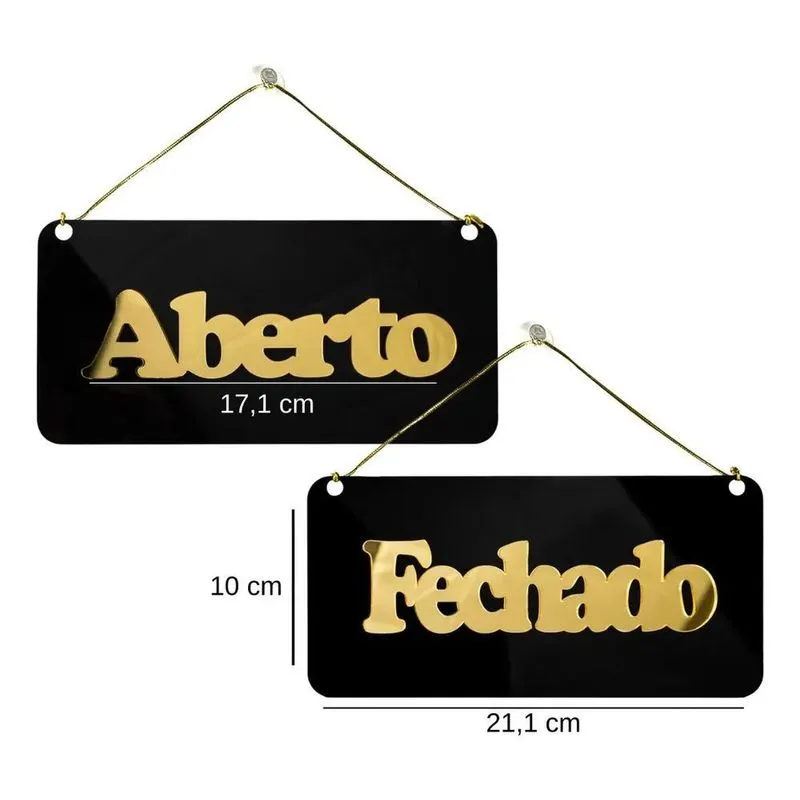 2x Placa Acrílica Frente Verso Aberto Fechado Ventosa Preto