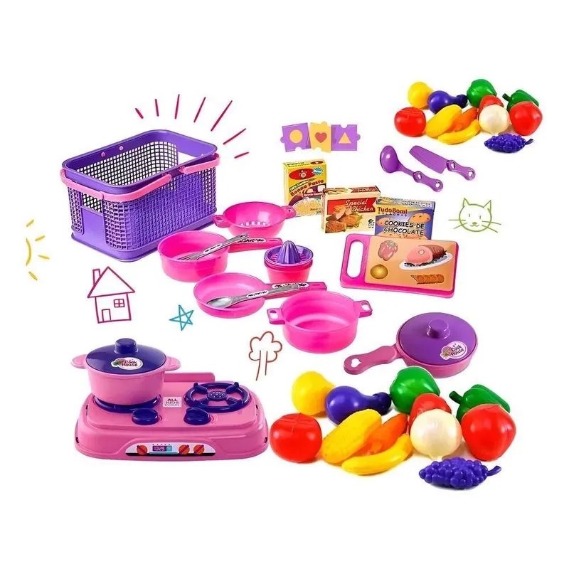 Kit Cozinha Infantil Brinquedo Fogão + Cesta Frutas Legumes