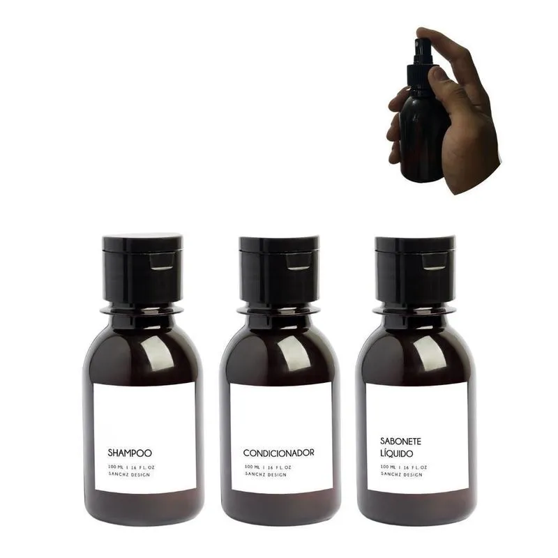 Kit Frascos Banho 100Ml Âmbar Shampoo Condicionador Portatil