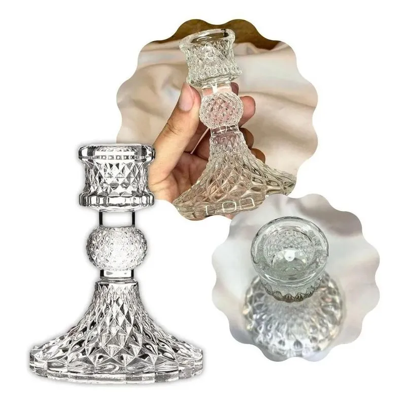 3x Castiçal De Vidro Candelabro Decorativo Premium Alto Bril