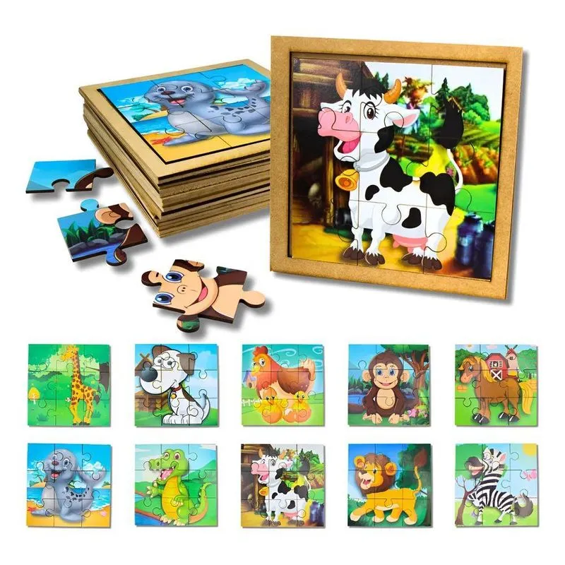 Kit 10 Quebra Cabeças Infantil Animais Safari Educativo Mdf