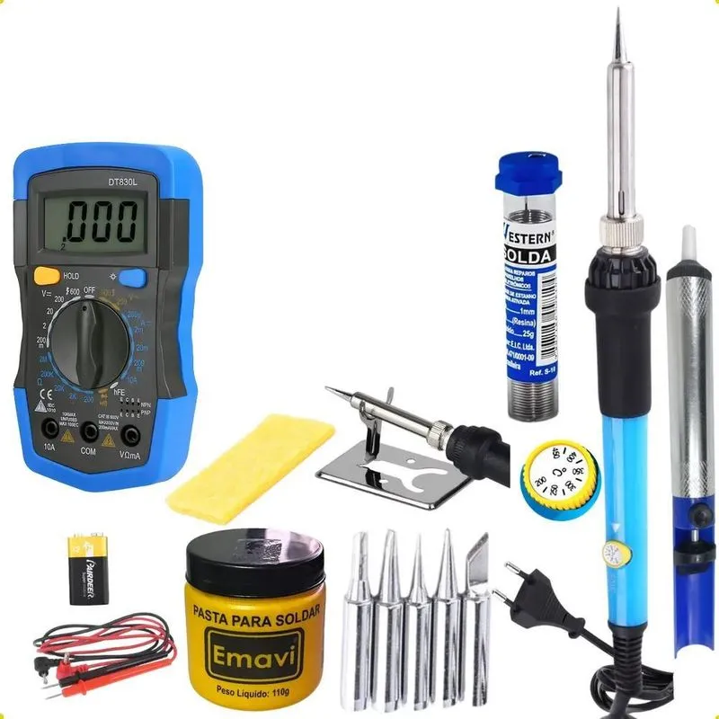 Kit Ferro De Solda 60w Ajuste Temp Multimetro Pasta Sugador