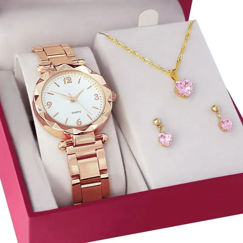 Relógio Feminino Analógico + Colar Brincos Folheado Ouro Ro