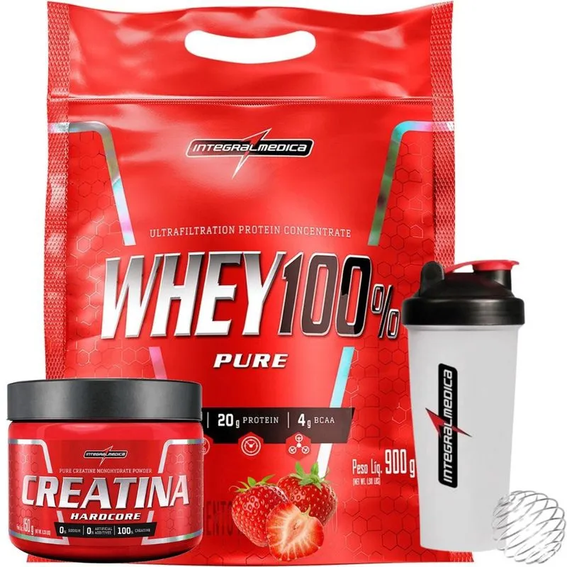 Kit Whey Protein 900g + Creatina 150g Pura monohidratada + Coqueteleira Com Mola 600ml - Integralmedica