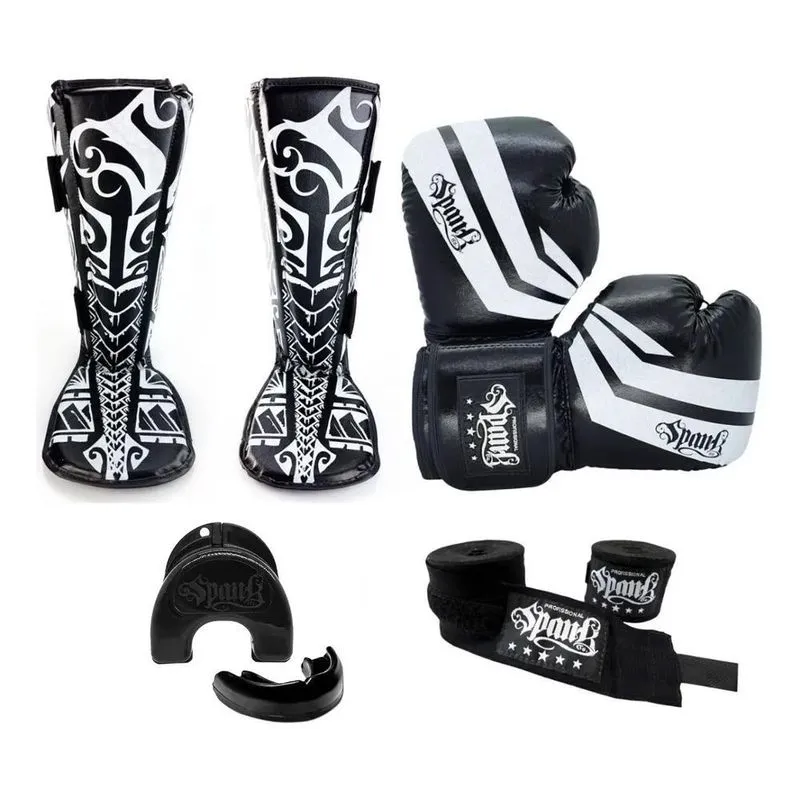5x Kit- Muaythai Spank Preto (luva, Caneleira, Bandagem, Buc