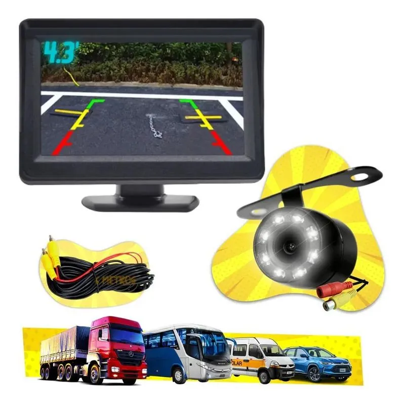 Câmera De Ré Led Borboleta Tela Monitor 4.3 Lcd Ônibus Van