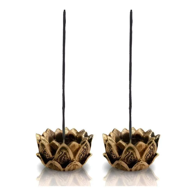 Par De Incensário E Castiçal Flor Lotus Em Resina Dourado