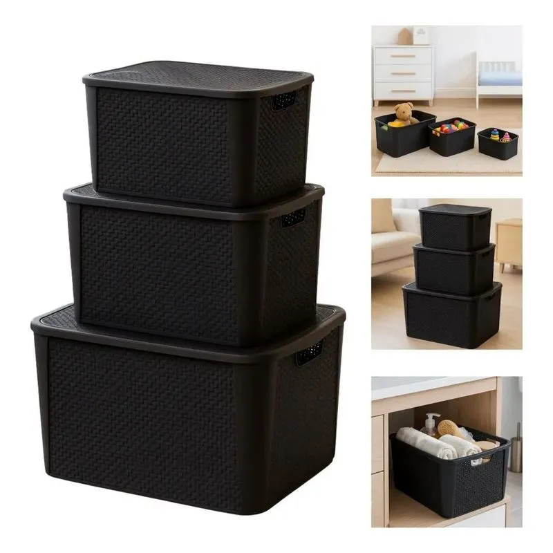 Kit 3 Caixas Organizadoras Rattan Preta Pequena Média Grande