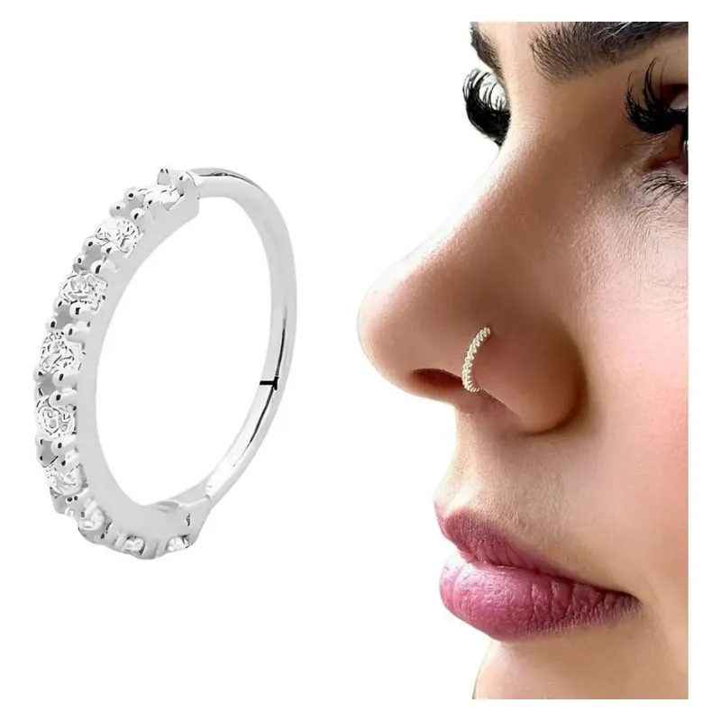 10x Piercing Nostril Nariz Prata 925 Cravejado 9mm Fino Del