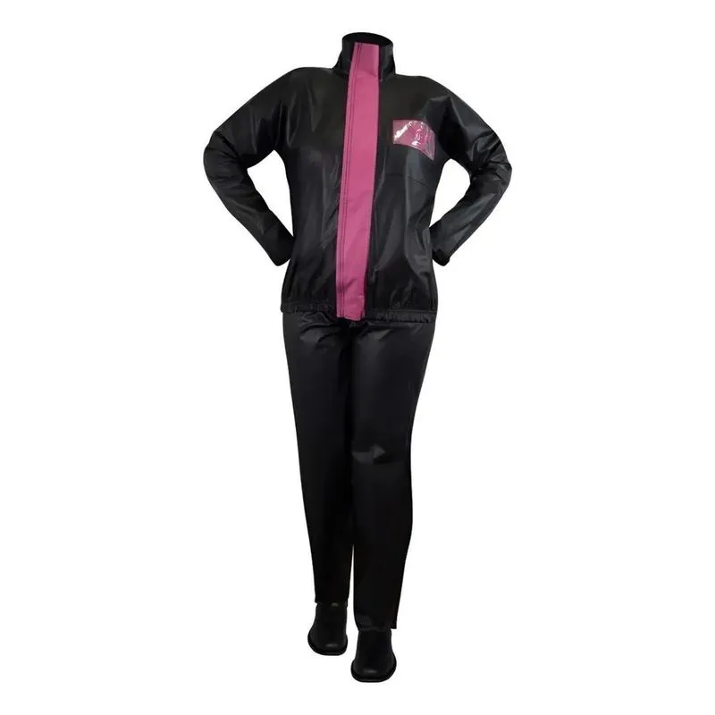 Conjunto Capa De Chuva Jaqueta E Calça Fl Preto Com Rosa G