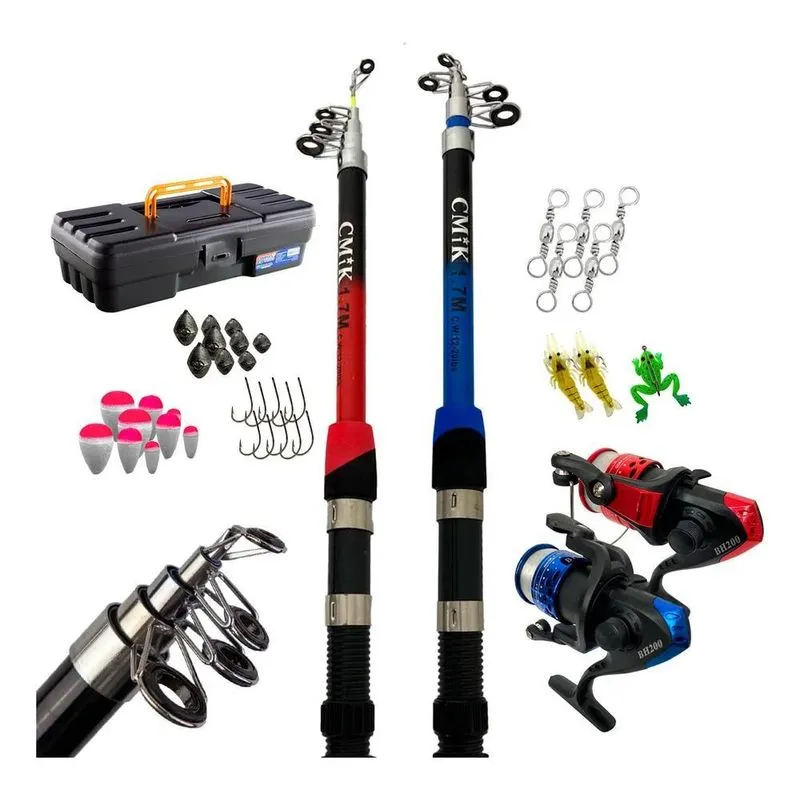 10x Kit De Pesca Barato 2 Varas 1,8m + 2 Molinetes E Acessó