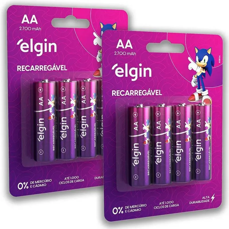 08 Pilhas Baterias AA 2700mAh Elgin Recarregável 2A Pequena