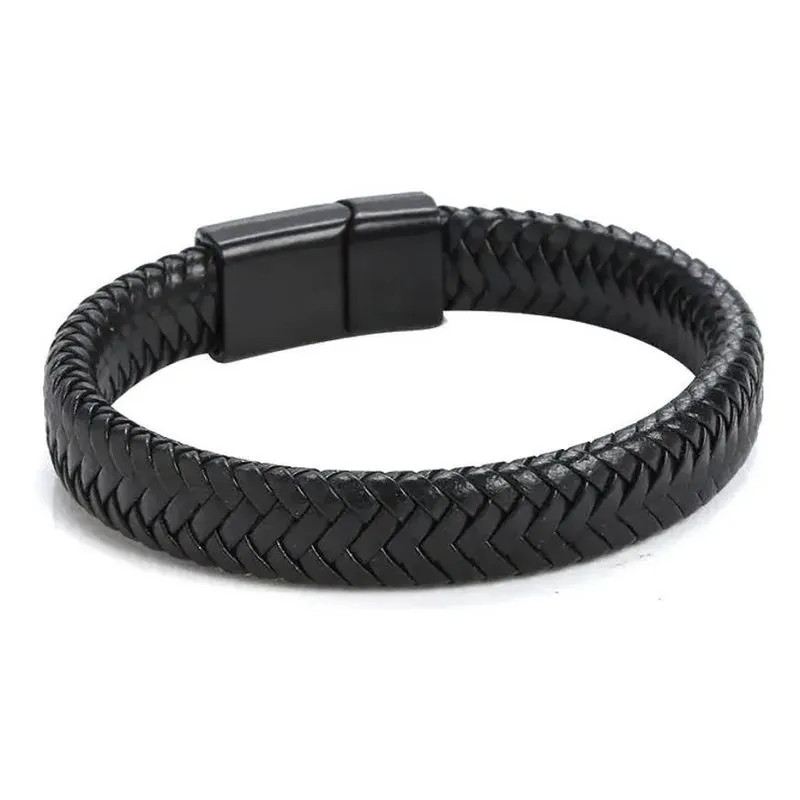 10x Pulseira Masculina Em Couro Preta Com Fecho Magnético