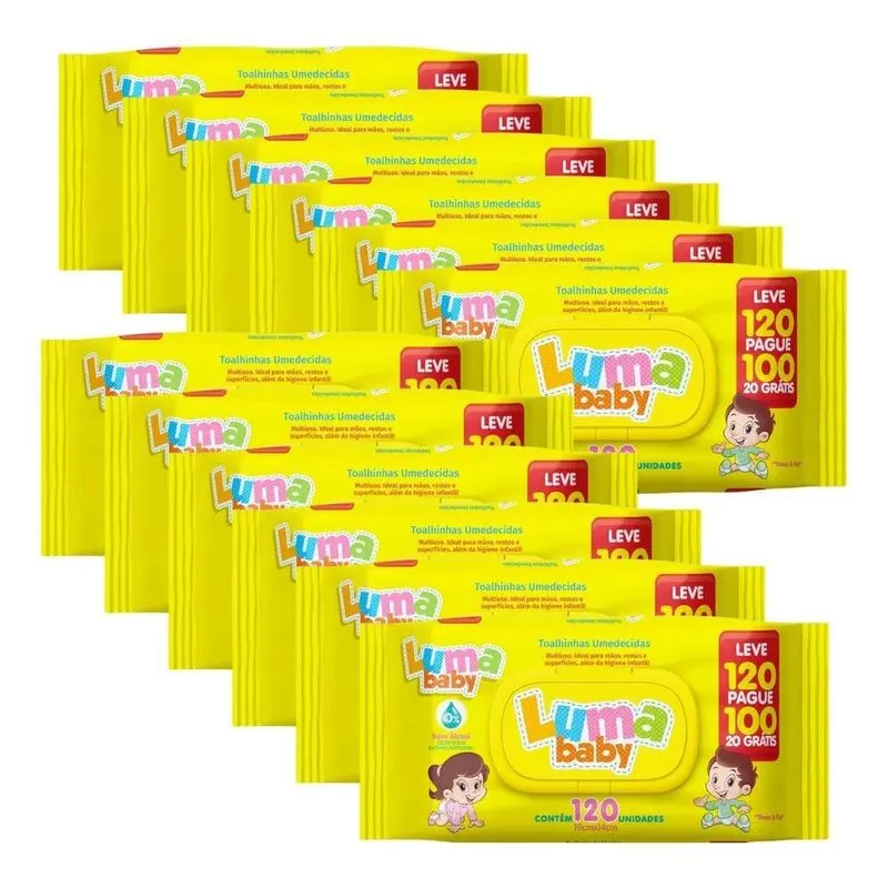 Kit C/12 Toalhas Umedecidas Luma Baby C/120 Unidades