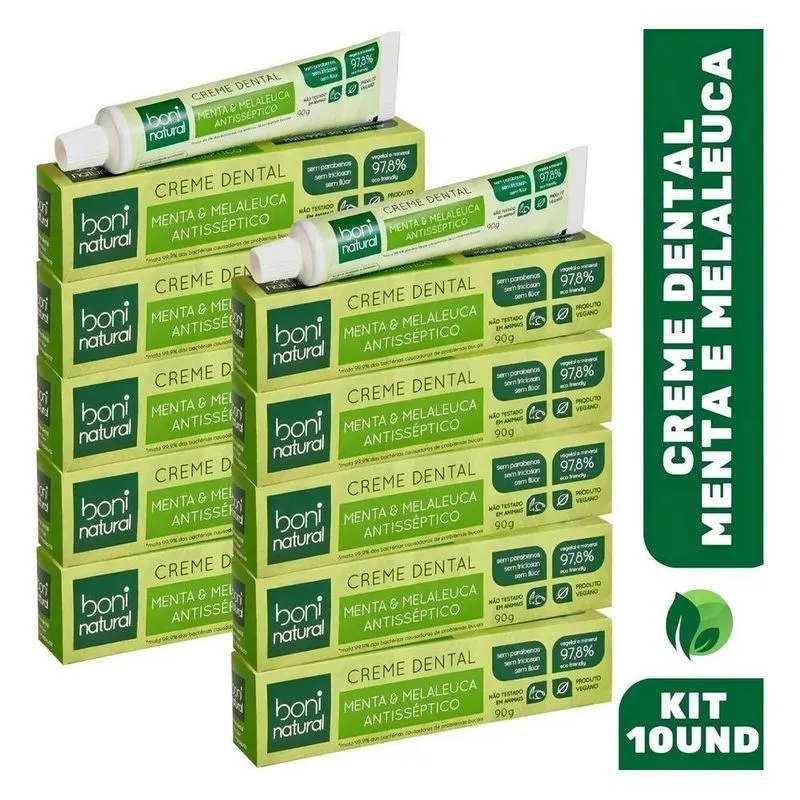 10x Creme Dental Boni Natural Menta E Melaleuca S/ Flúor 90g