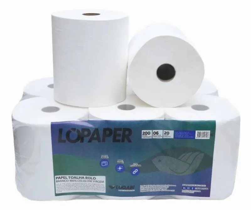 Papel Toalha Bobina 6x200 Celulose Para Toalheiro Auto Corte