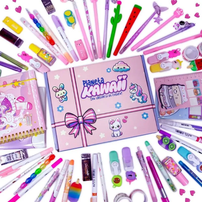 3x Caixa Kit Papelaria Criativa Kawaii 15 Itens Fofos Presen