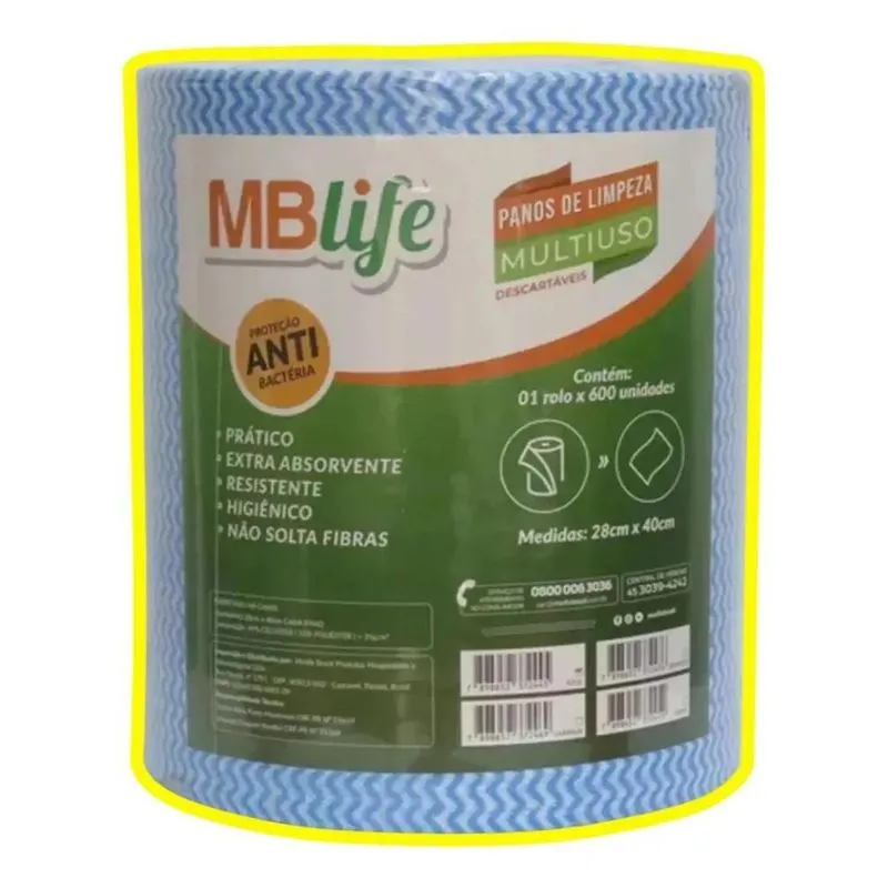 Pano Multiuso Rolo Mb Life 28x40cm Azul 600 Panos
