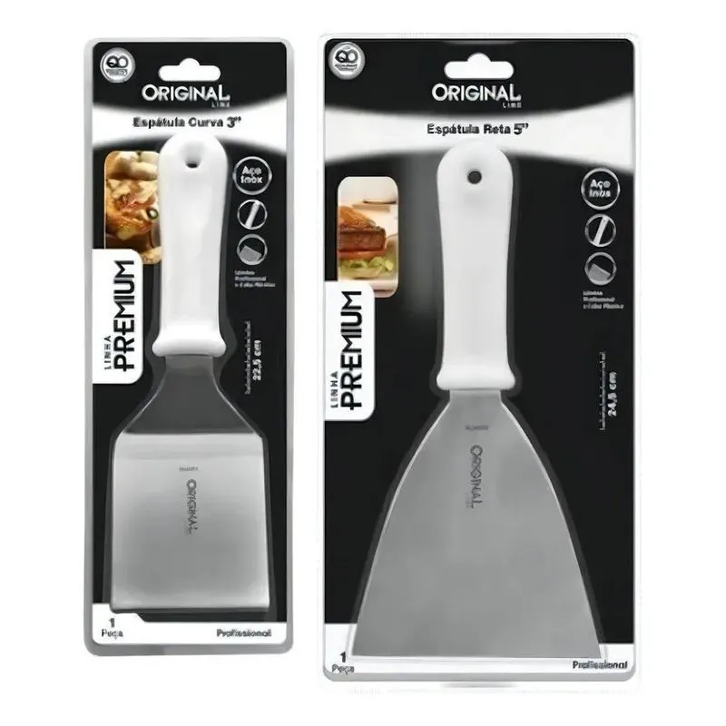 2x Kit 2 Espátulas Inox Lanche Reta E Curva Chapeiro E Cozin
