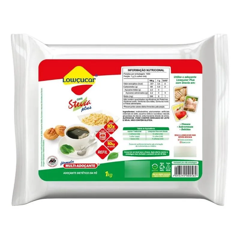 Adoçante Lowçucar Plus Com Stévia Forno E Fogão Refil 1kg