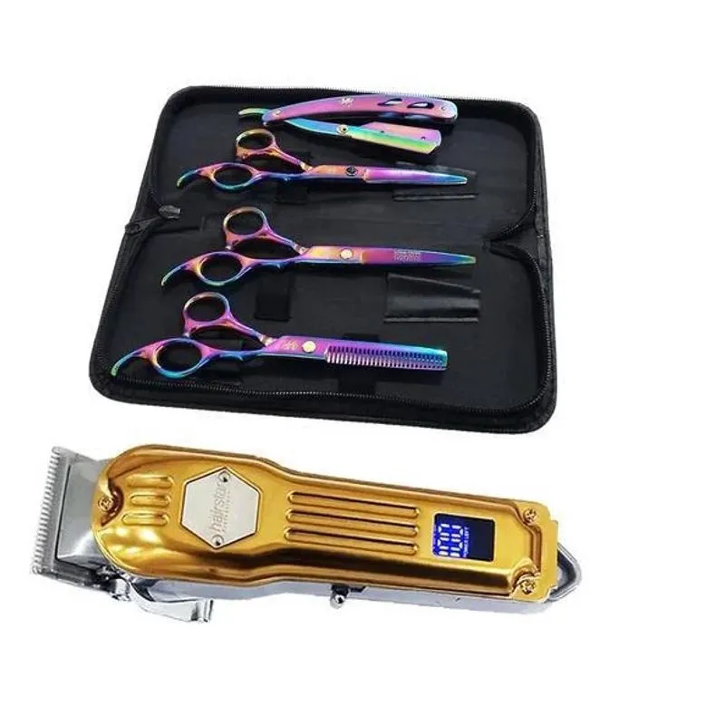 Kit Barbeiro 3 Tesouras Máquina Corte 9W Profissional Km-211