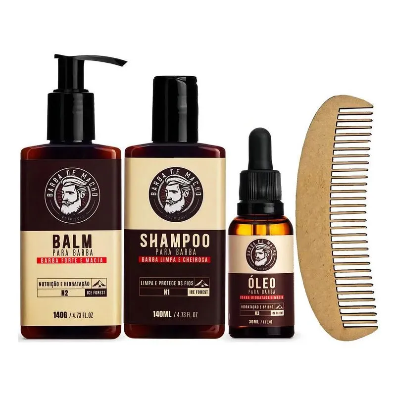 Kit Para Barba Shampoo Balm Oleo Pente Curvo Barba De Macho