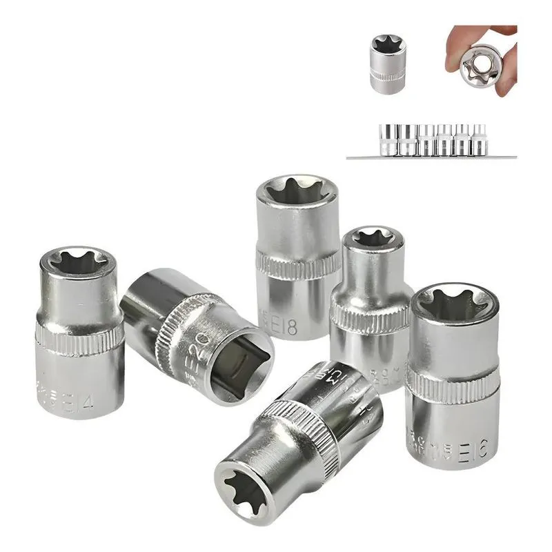 Kit Soquete Torxs 6 Pecas 1/2 Femea E10 A E20 Aço Vanádio P