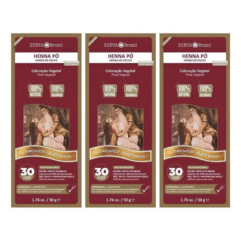 Kit 3x Henna Pó Surya: Cor Natural, Cabelos Sa - Louro Sueco