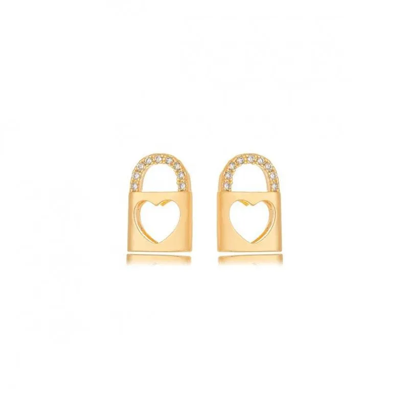 Brinco Cadeado Coração Zirconia Banhado Ouro 18K