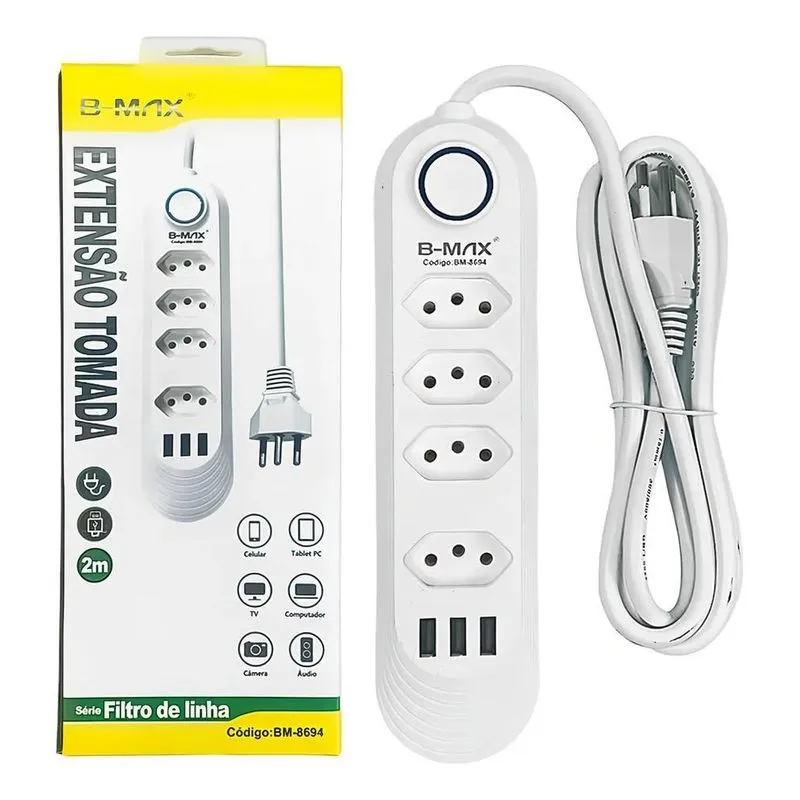 B-max Bm-8694 Extensão 4 Tomadas + 3 Usb Regua Energia Eletr