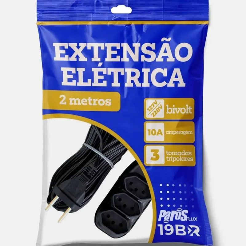 10x Extensão Elétrica 2 Metros Preto 3 Tomada Tripolar