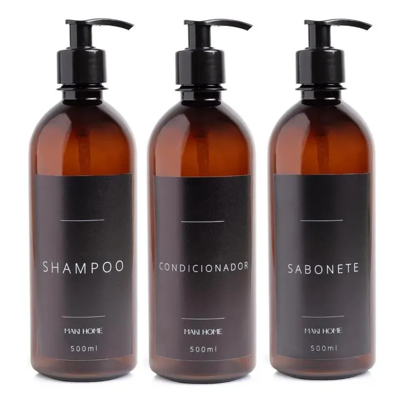 10x Kit 3 Frascos Âmbar 500ml Saboneteira Shampoo Condicion