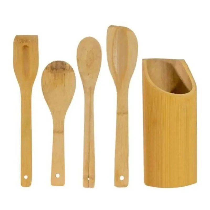 Kit Culinario Colher De Bambu (pau) E Suporte Cor Marrom