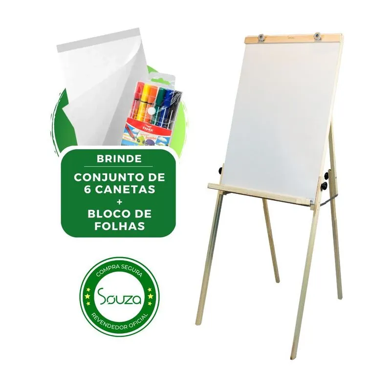 Cavalete Flip Chart Dobrável Quadro Branco + Folha + Kit