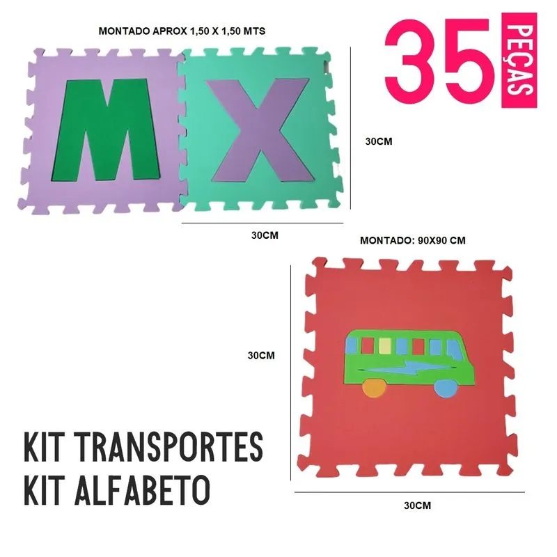 Kit Tapete Eva Alfabeto + Transportes 35 Peças 30x30 Cm