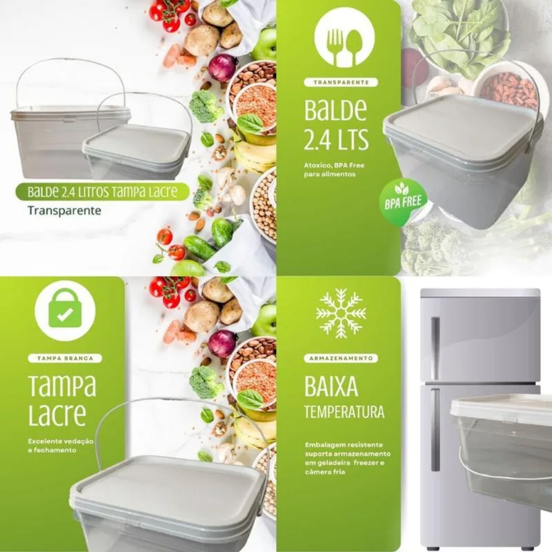 Balde Para Alimento De 2.4l Transparente Lacre-kit 6 Pçs