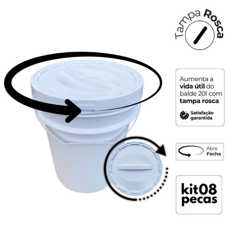 Balde Plástico 20 L Tampa Rosca Para Frango - Kit 8 Pçs
