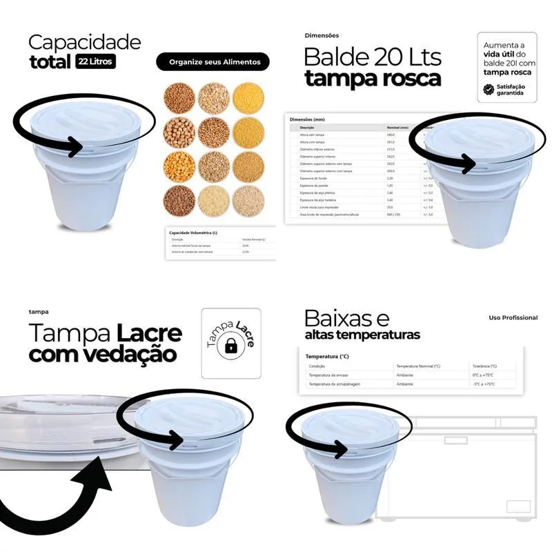 Balde 20l Tampa Rosqueavel Para Manteiga - Kit 11 Pçs