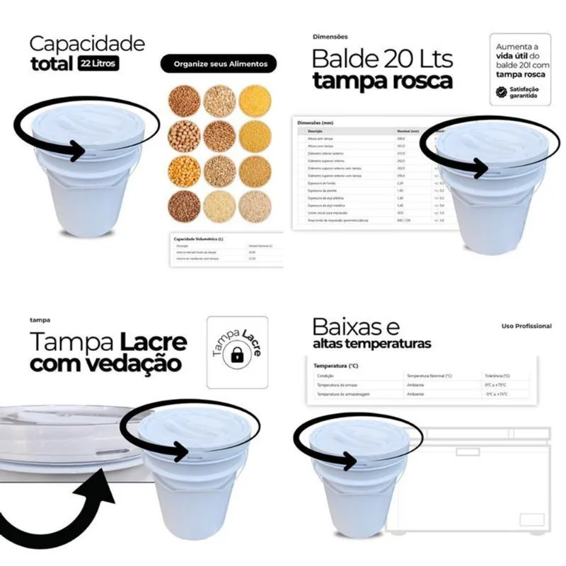 Balde Para Quentinha 20l Tampa De Rosquear - Kit 11 Pçs