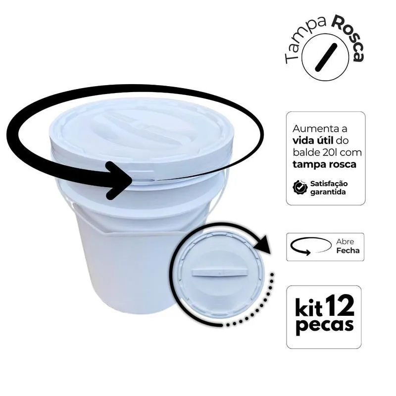 Balde 20l Tampa Rosca Para Ração De Animal - Kit 12 Pçs