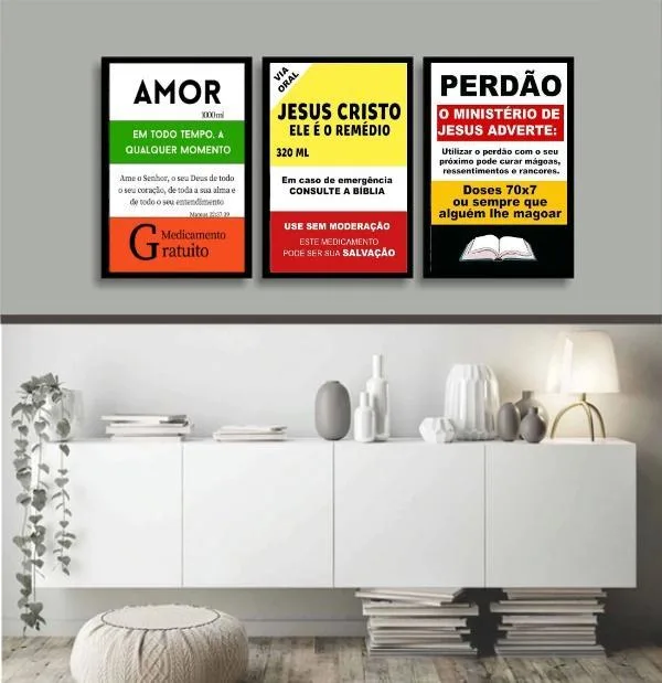 Kit 3 Quadros Evangélicos Remédios 45x34cm - Com Vidro