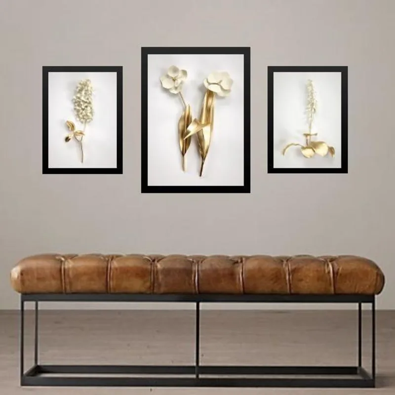 Set 3 Quadros Florais Branco Com Dourado - Com Vidro