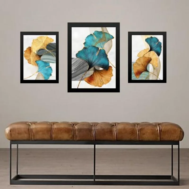 Set 3 Quadros Folhas Azul Com Dourado - Com Vidro