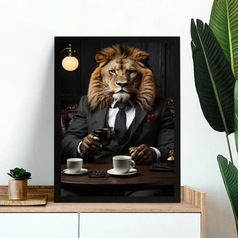 Quadro Leão Tomando Café 33X24Cm
