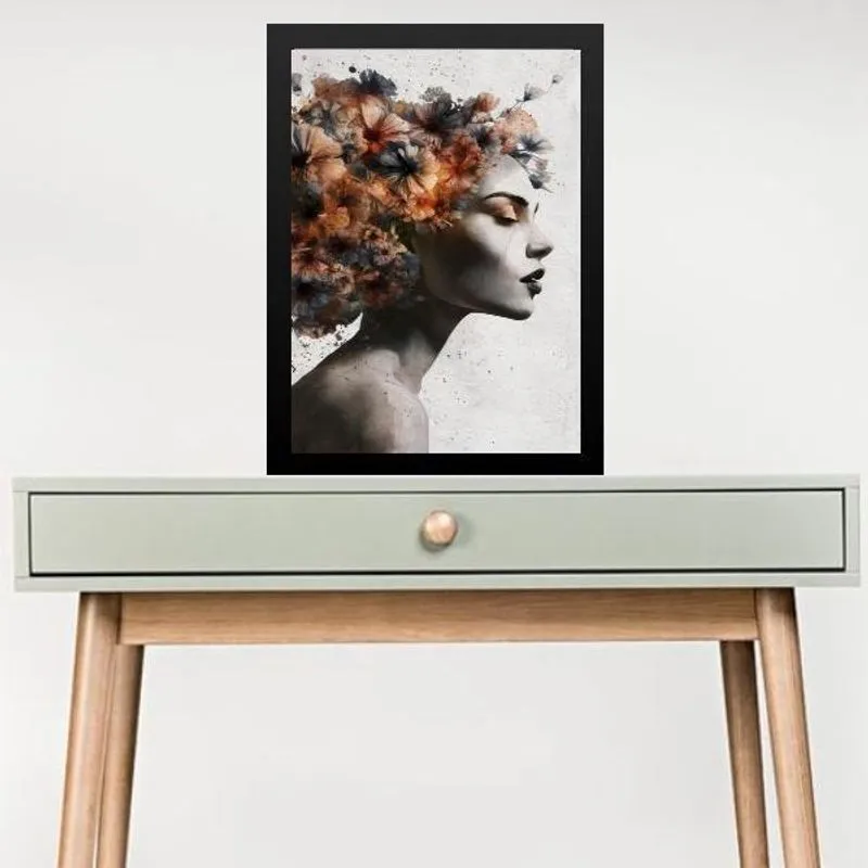 Quadro Rosto De Mulher Com Flores 24X18Cm